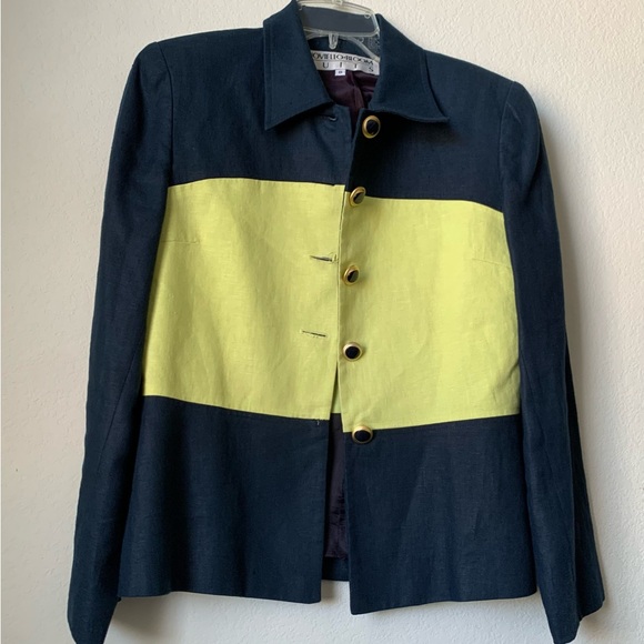 Gently Used Two Piece Career Shirt Suit-Lime/ Navy Blue Jacket Navy Blue Shirt - Picture 7 of 16